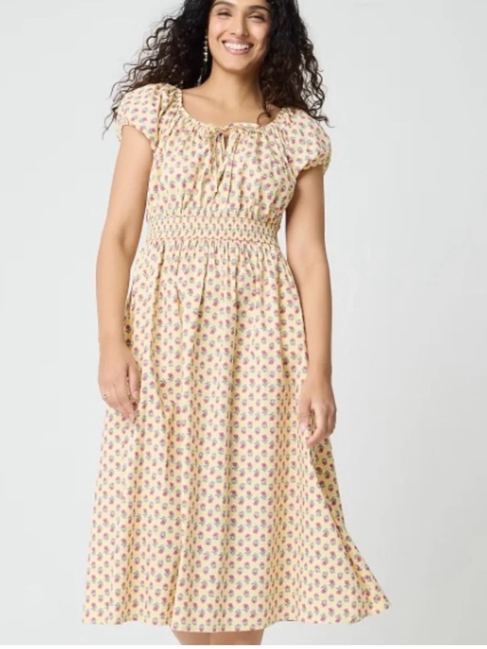 J. Crew Cream Floral Smocked Midi Dress